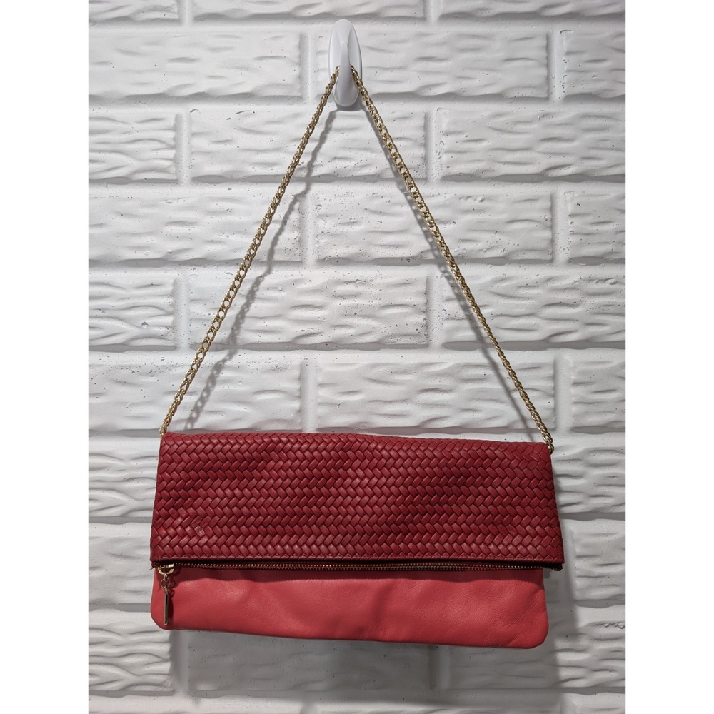 Laudi Vidni Fold Over Dolce Clutch Woven Leather Pink Coral Gold Chain Strap